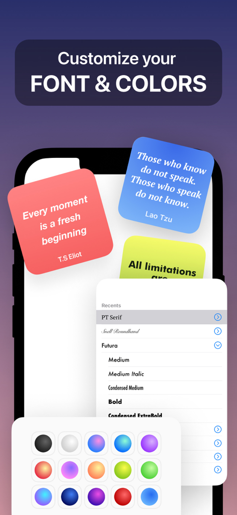 Widget Quotes - Interface showing customization options for fonts and colors in the Widget Quotes app