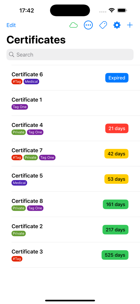 Dashboard showing a list of certificates with expiration countdowns and category tags.