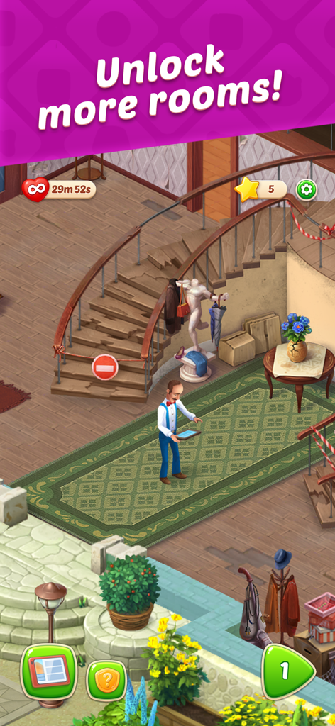 Austin der Butler steht in einer Villa-Foyer mit einer großen Treppe und einem Banner mit der Aufschrift Weitere Räume freischalten