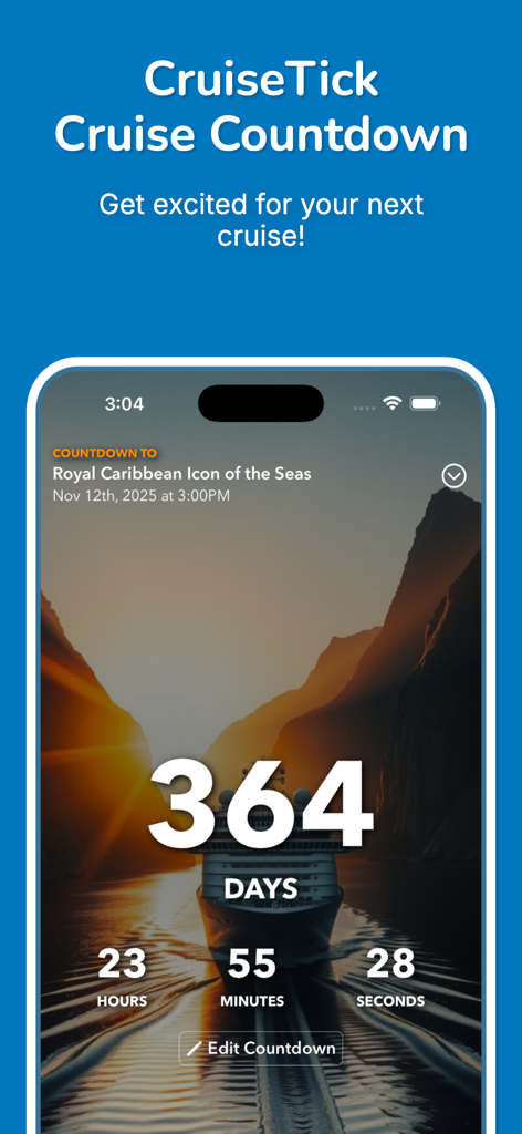 CruiseTick Cruise Countdown - La aplicación CruiseTick mostrando un temporizador de cuenta regresiva para un crucero de Royal Caribbean con un fondo escénico.
