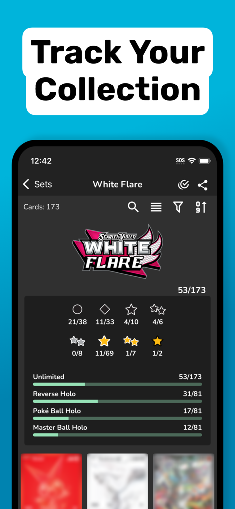 Interface of the DittoDex app showing progress tracking for a Pokemon TCG White Flare set with rarity and holo stats