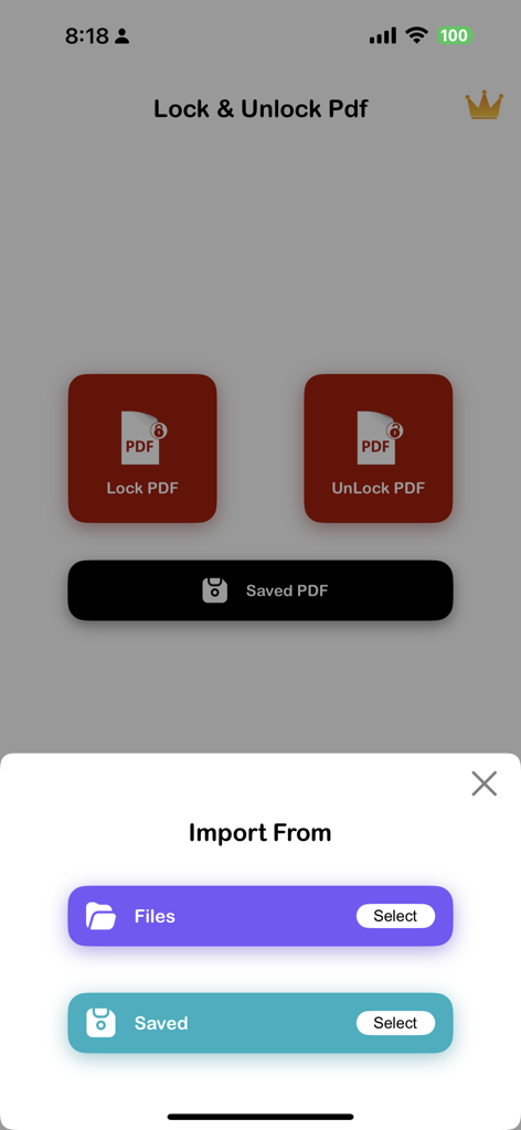Lock Pdf & Unlock PDF Offline - Interfaccia dell'app Blocca e Sblocca PDF che mostra le opzioni per proteggere o decifrare file e un menu di importazione.