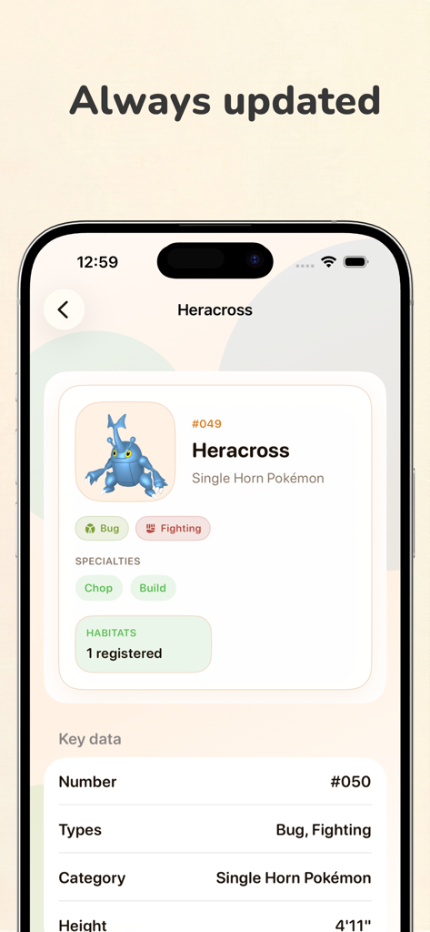 Pokodex app screenshot showing Heracross stats and types for Pokemon Pokopia