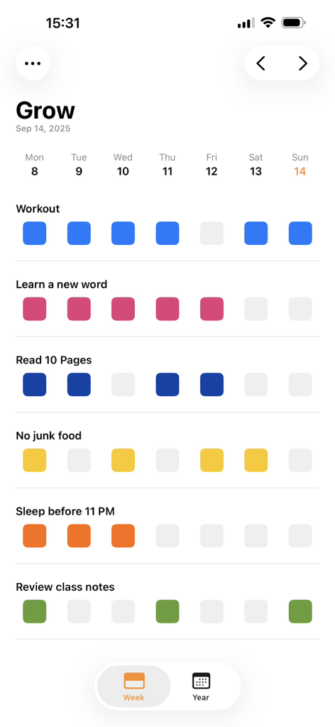Grow - Habit Tracker - Weekly habit tracking dashboard showing daily progress for multiple goals with colorful squares.
