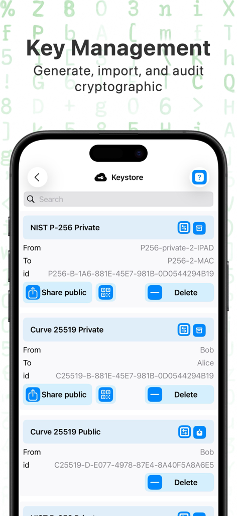 Crypto Tools (De)Encryption - Interfaz de Almacén de Claves de la aplicación Crypto Tools para gestionar claves criptográficas NIST y Curve