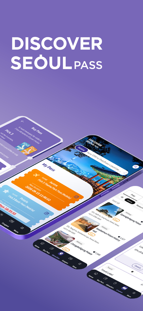 Discover Seoul Pass - Screenshots of the Discover Seoul Pass app showing digital tickets and attraction information for Seoul tourism