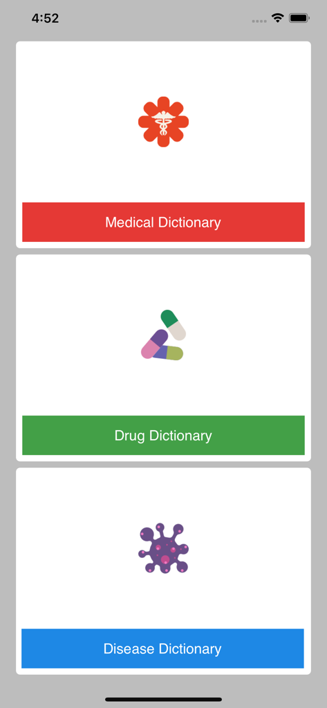 Learn Drug, Medical Dictionary - Home screen of the Learn Drug Medical Dictionary app featuring three main navigation buttons for Medical Dictionary Drug Dictionary and Disease Dictionary