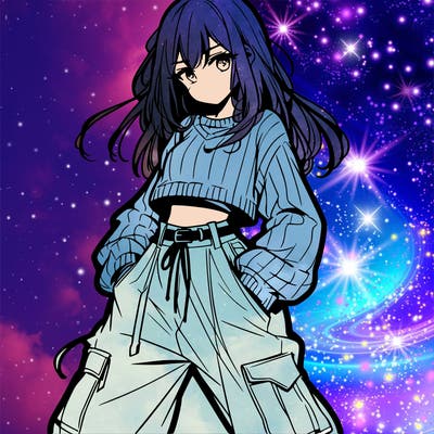 anime teen girl with baggy pants and crop top with sweater