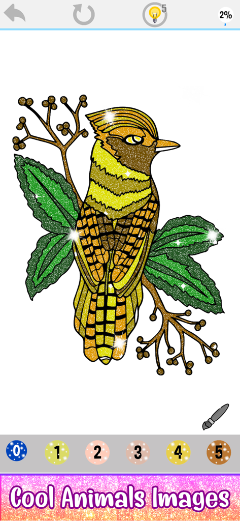 Un pájaro brillante y hojas verdes en una aplicación de pintura para adultos de colorear por número.