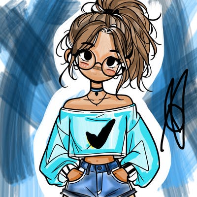 girl with a messy ponytail glasses a baggy crop top and jean shorts