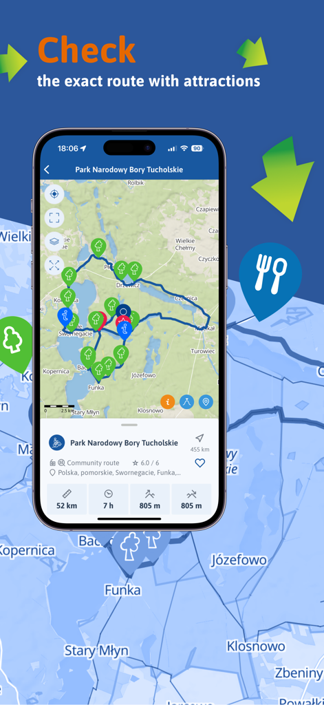 Traseo app interface displaying a detailed outdoor route with attraction markers on a map