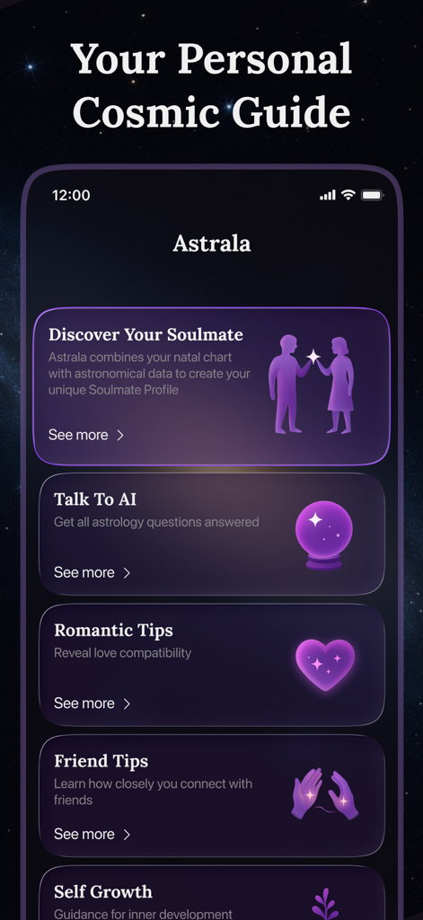 Soulmate Drawing – Astrala - Astrala app interface showing soulmate discovery and astrology features