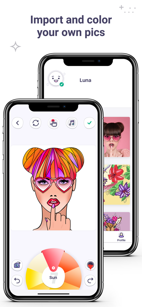 Coloring Book for Me - iPhone screen showing the import and color feature in Coloring Book for Me