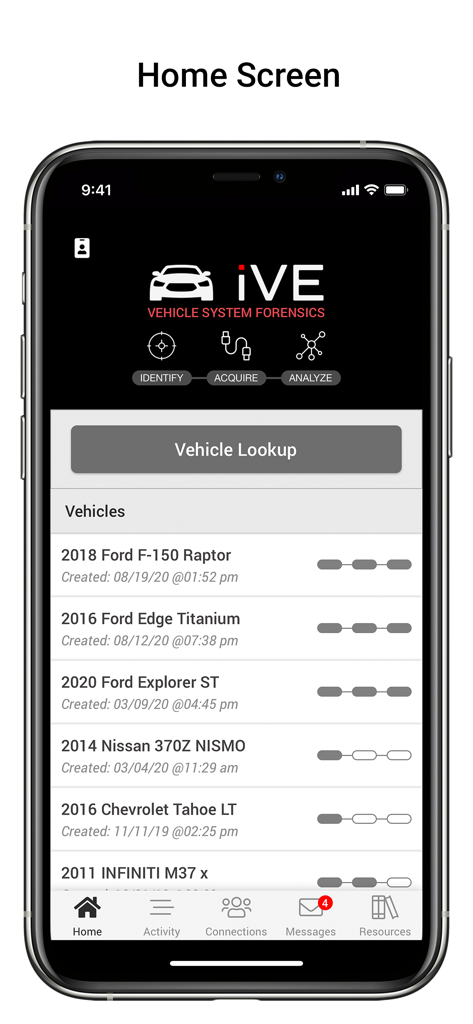 iVe-Mobile - The home screen of the iVe-Mobile app showing the vehicle lookup feature and a list of investigation records.