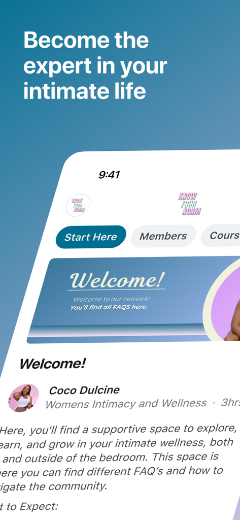 Know Your Norm - Screenshot of the Know Your Norm app welcome screen featuring a community message for women's intimate wellness and navigation buttons