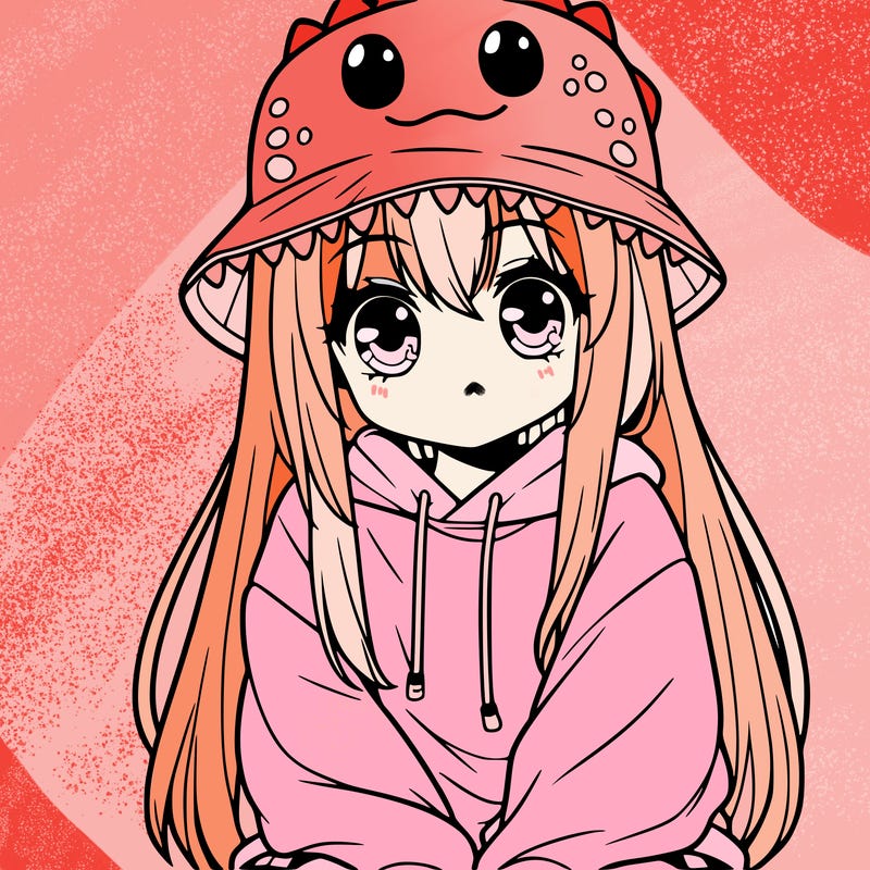 girl with anime shaped eyes with a dinosaur bucket hat oversized sweatshirt long straight hair