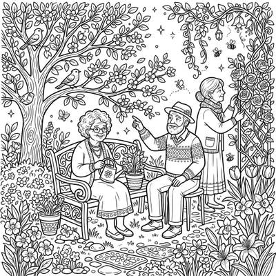 Immerse yourself in the tranquil beauty of a spring garden brought to life by the joyful presence of elderly seniors. This intricate coloring page invites you to celebrate the wisdom of age amidst blooming flowers and cheerful nature.