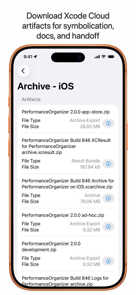 Performance Organizer - Liste der Xcode Cloud-Build-Artefakte in der Performance Organizer-App
