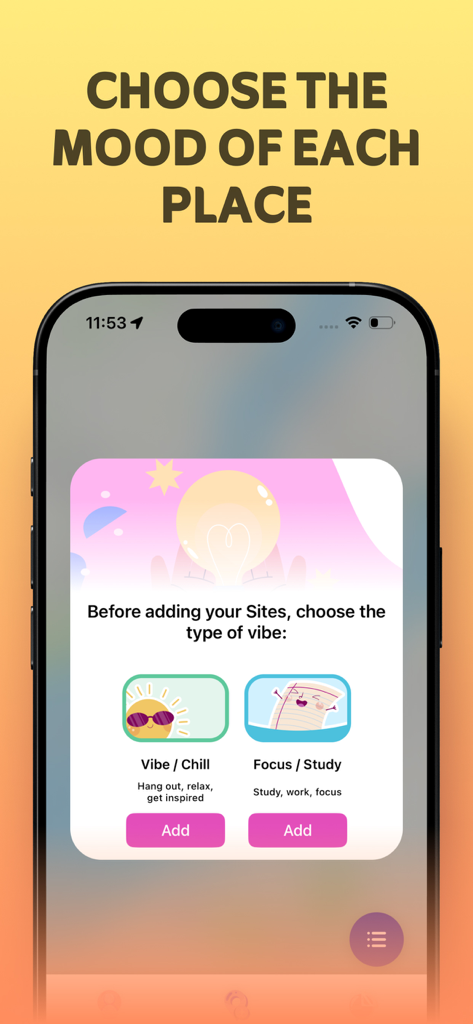 Find Family, Friend Geo: Nexil - Interface of the Nexil app for choosing a vibe for a saved place
