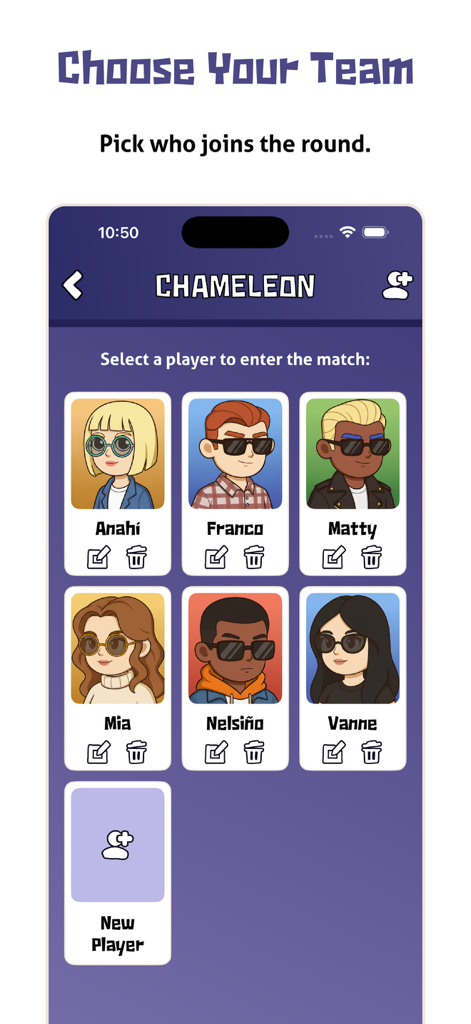 Player selection menu in Chameleon game with custom character avatars