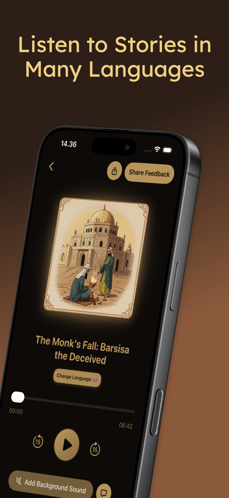 Qissah Stories Your AI Buddy - Smartphone screen displaying the Qissah app audio player for religious stories with a change language option