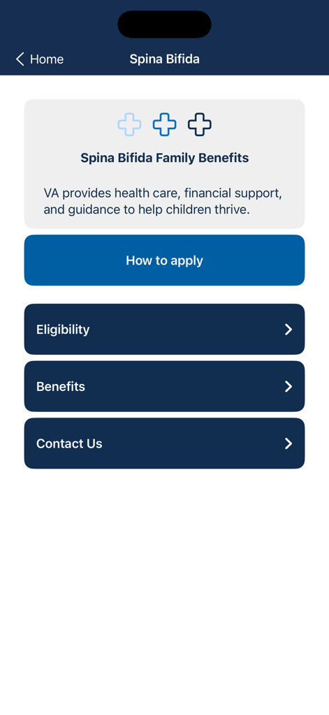 CHAMPVA app screen showing Spina Bifida family benefits with options for how to apply eligibility and contact information