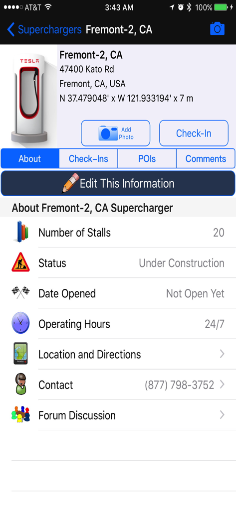 Superchargers For Tesla - Mobile app screen showing details for a Tesla Supercharger in Fremont California with information on stall count and construction status