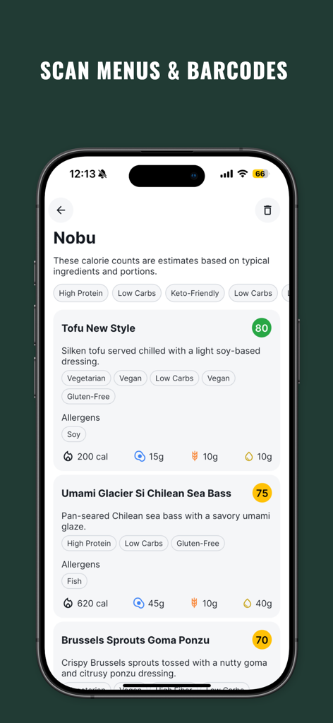 MealScan - Calorie Tracker - MealScan app interface showing calorie and macro information for dishes from a restaurant menu.