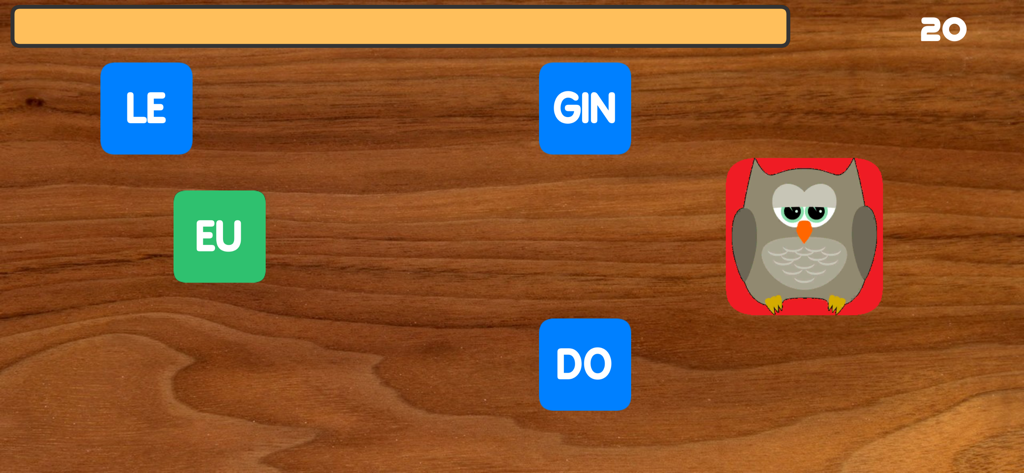 Schreiben mit Silben - Interface educativa para aprender sílabas alemãs com blocos de palavras e um mascote coruja
