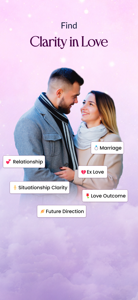 A couple looking at each other with floating tags for love and relationship tarot reading options