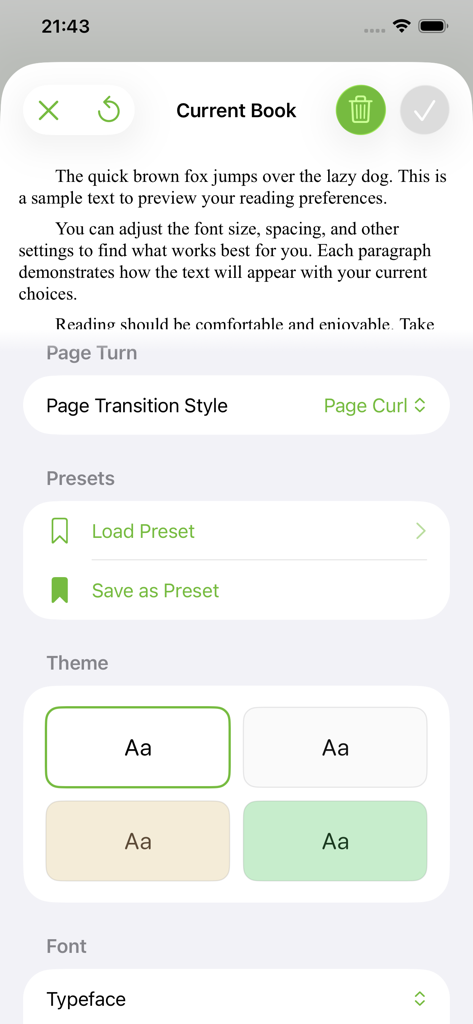 KMReader - Interfaz de usuario de KMReader mostrando opciones de personalización para temas de lectura, transiciones de página y estilos de fuente