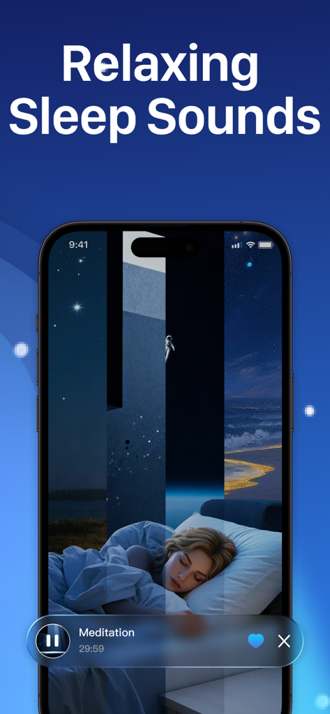 Sleep Tracker: Sleep Recorder - Interfaz de smartphone que muestra sonidos relajantes para dormir y una pista de meditación para el sueño profundo