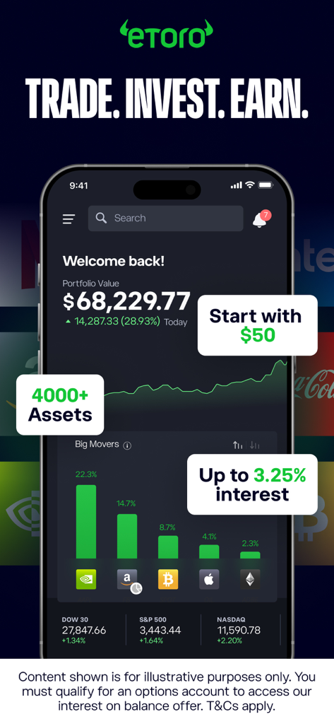 eToro: Investing made social - eToro mobile app showing portfolio value and stock market trends