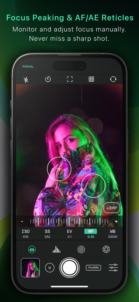 An iPhone screen displaying the Reeflex app interface with focus peaking and manual focus reticles on a portrait photo.
