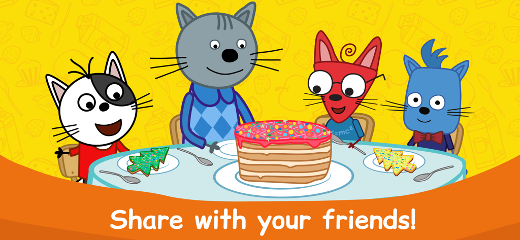 Kid-E-Cats Cooking at Kitchen! - Kid-E-Cats characters sharing a layered cake and cookies at a table