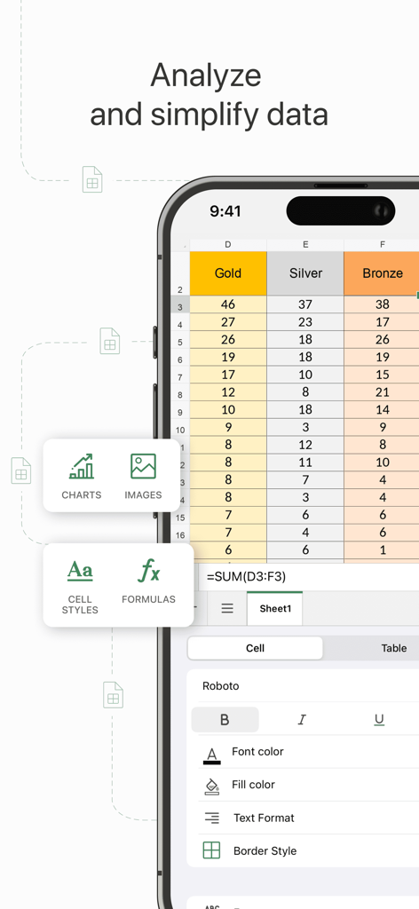 ONLYOFFICE Documents - A mobile interface for ONLYOFFICE Documents showing a spreadsheet with data analysis tools and formatting options