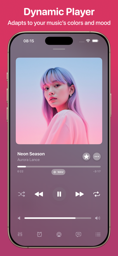 Synic - Offline Music Player - Interfaz del reproductor de música offline Synic mostrando un tema dinámico que se adapta a los colores de la carátula del álbum