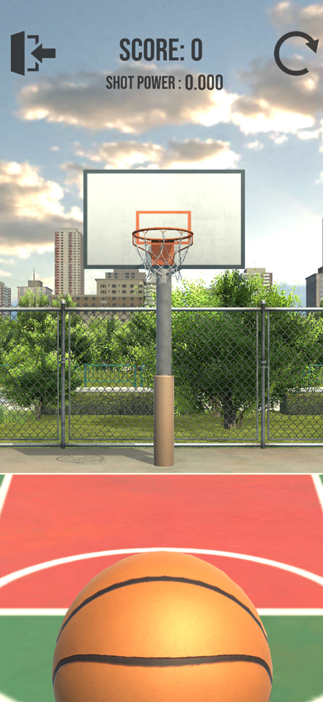 Vista en primera persona de un tiro de baloncesto en una cancha urbana al aire libre