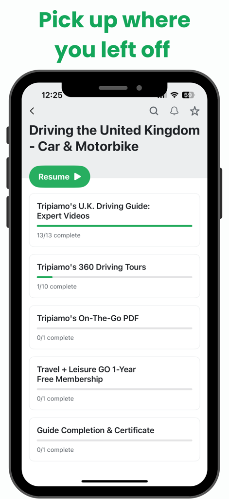 Tripiamo - The Tripiamo app interface showing a user's progress in the United Kingdom driving course including videos and 360 tours.
