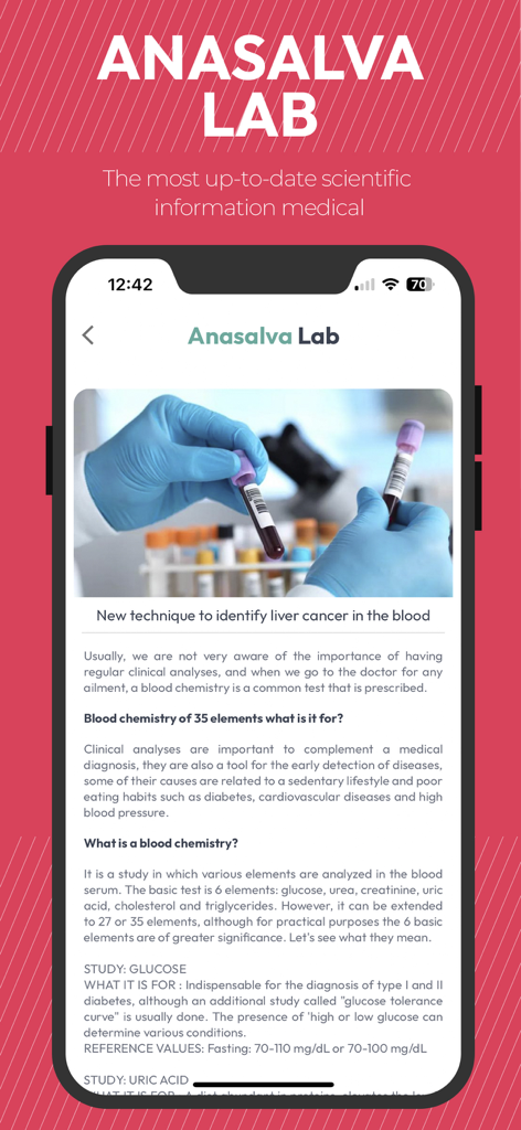 Anasalva Lab - Uma captura de tela móvel do aplicativo Anasalva Lab exibindo informações científicas detalhadas sobre química sanguínea e resultados de exames