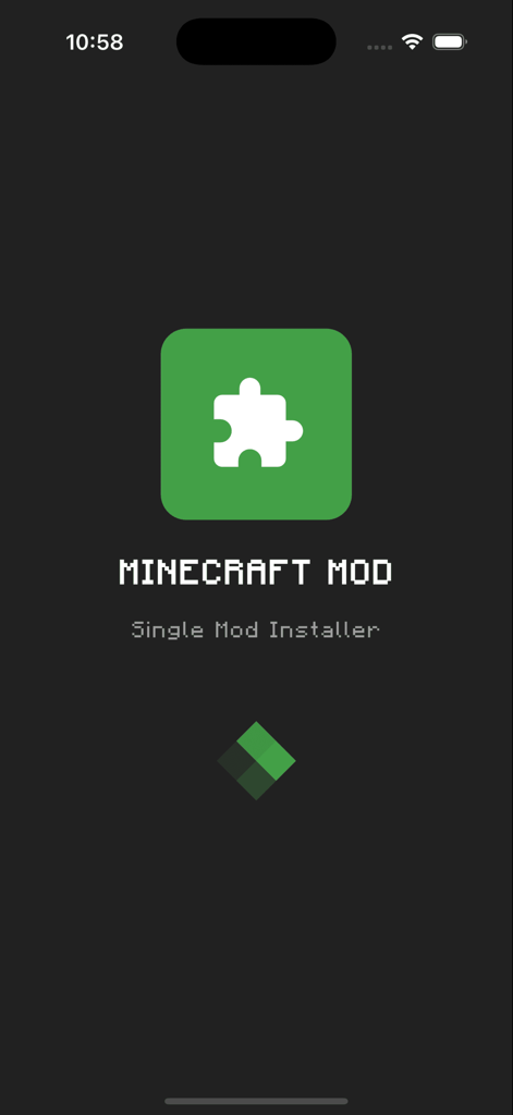Tela de splash do Instalador de Mod Único do Minecraft mostrando um ícone de peça de quebra-cabeça verde em um fundo escuro
