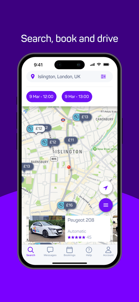 Smartphone screen displaying the Hiyacar car sharing app interface with a map of London showing available rental cars and prices