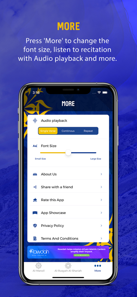 Al-Manzil | AlRuqyah AlShariah - User interface of the Al-Manzil app showing audio playback and font size customization options
