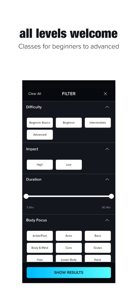NEOU app interface showing workout filter options for difficulty, impact level, duration, and targeted body focus areas.