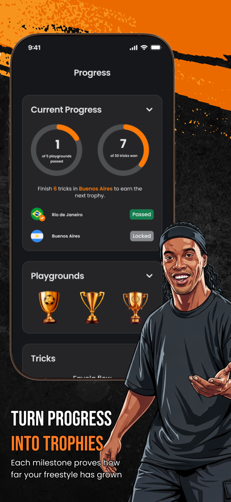 La aplicación R10 Ronaldinho Playground que muestra el seguimiento del progreso con trofeos y estadísticas de trucos de fútbol.