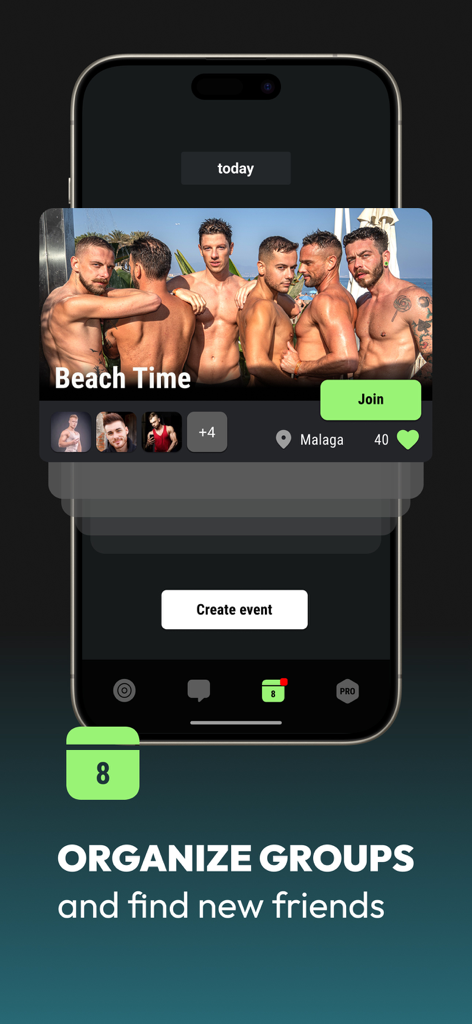 Ein mobiler App-Bildschirm zeigt eine Gruppenveranstaltung mit dem Titel Beach Time in Malaga für schwule Männer mit Optionen, Events beizutreten oder zu erstellen.