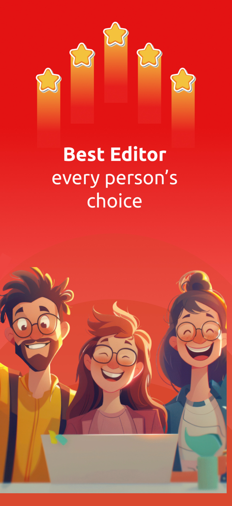 最高のPDFエディターアプリに対する、幸せなユーザーと5つの金色の星のイラスト