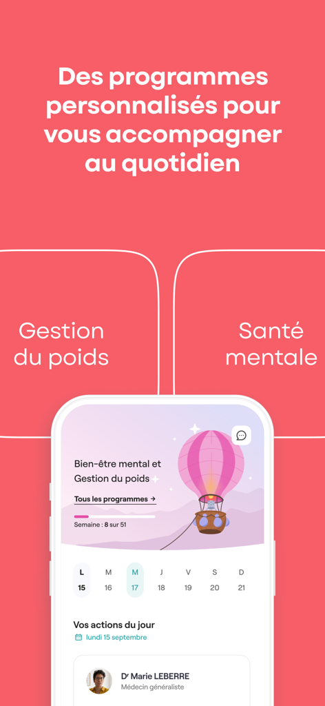 Qare app screenshot showing personalized programs for weight management and mental health support with a daily calendar view.