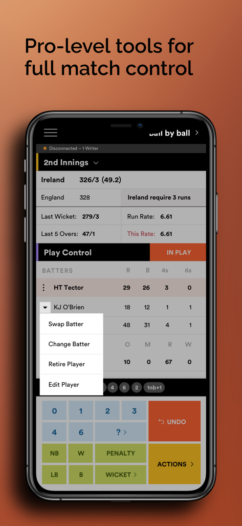 NV Play Cricket Scorer - Cricket scoring app interface showing live match statistics and batter management menu