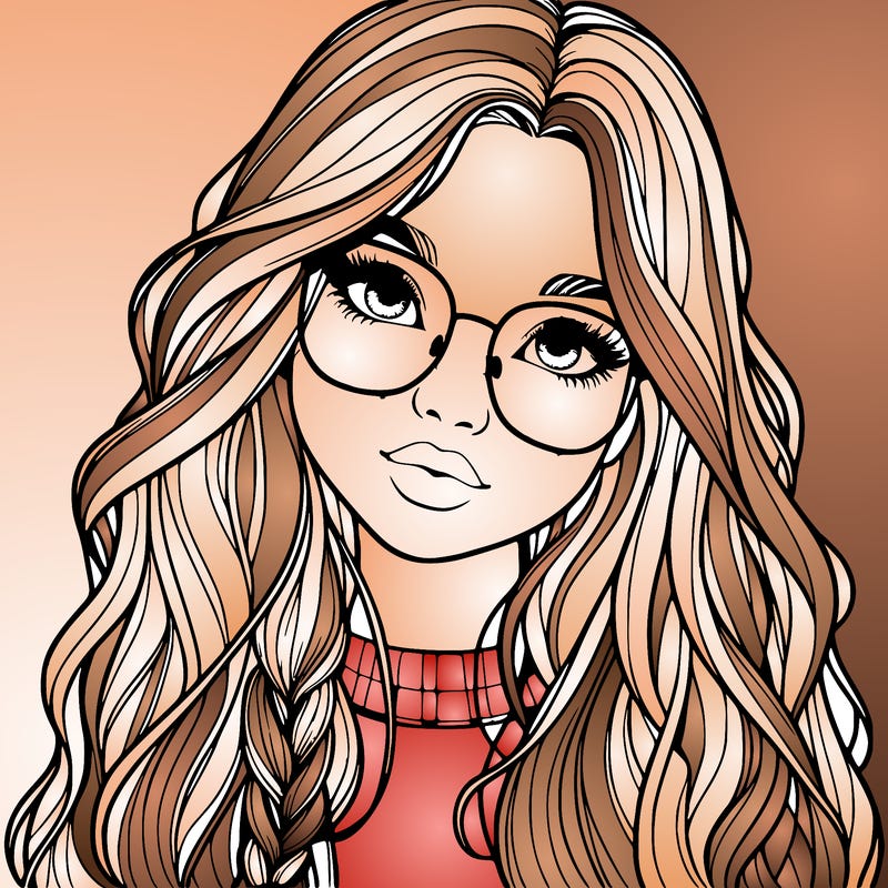 girl with long hair and freckles and glasses realistic